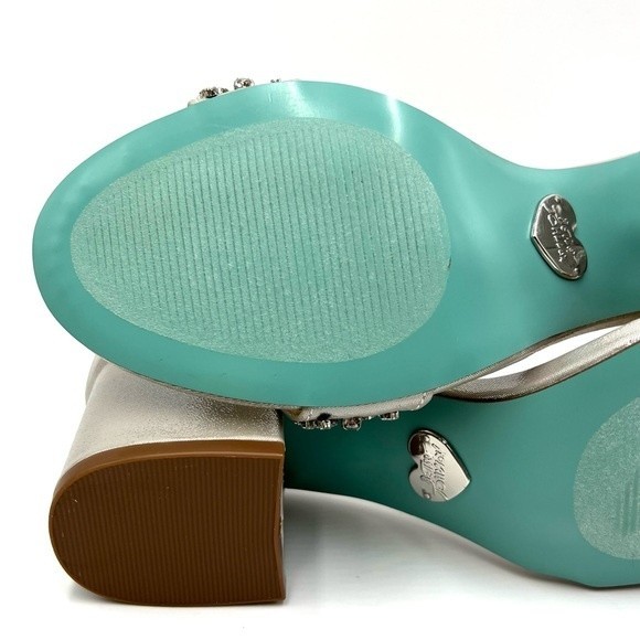 Blue Betsey Johnson Size 7 Mel Jeweled Silver Block Heels Dress Sandals Shoes - Picture 12 of 15